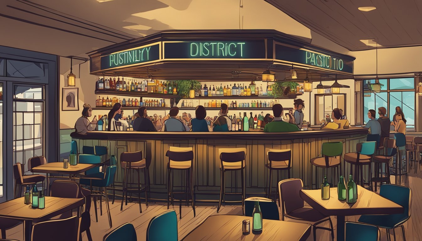 A bustling bar and restaurant with patrons chatting and enjoying drinks. A sign reads "Frequently Asked Questions district 10" above the entrance. Tables and chairs fill the space, with a lively atmosphere
