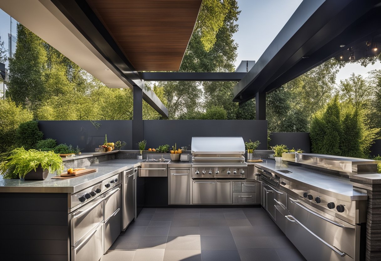 A spacious outdoor wet kitchen with stainless steel appliances, a large sink, and plenty of counter space for food preparation
