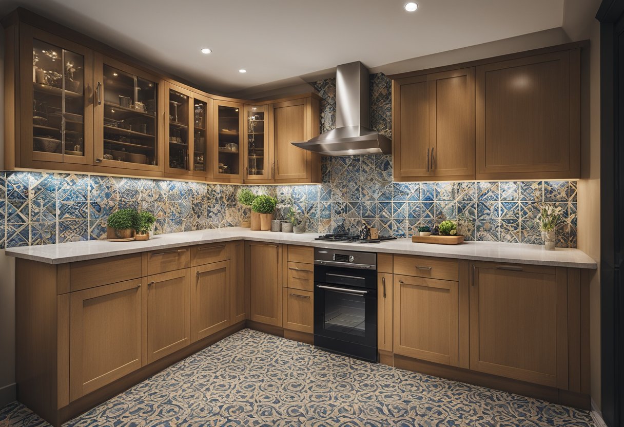A kitchen with patterned wallpaper, tiled floors, and decorative cabinets