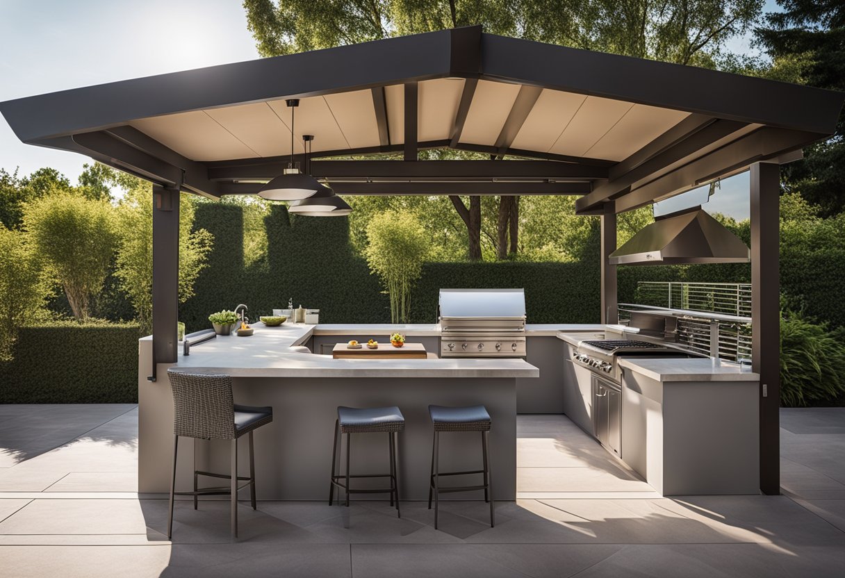 An outdoor kitchen with a covered design, featuring a sleek countertop, built-in grill, and stylish seating area
