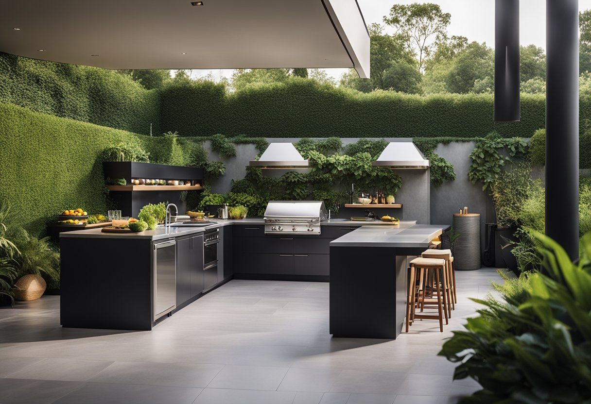 A spacious outdoor wet kitchen with a sleek countertop, built-in sink, and modern stainless steel appliances. The kitchen is surrounded by lush greenery and has a cozy dining area for entertaining