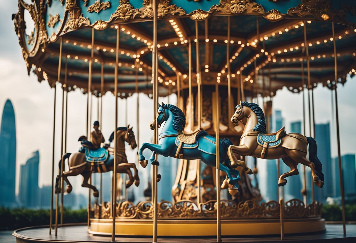 A colorful carousel with unique furniture pieces, set against the backdrop of Singapore's skyline