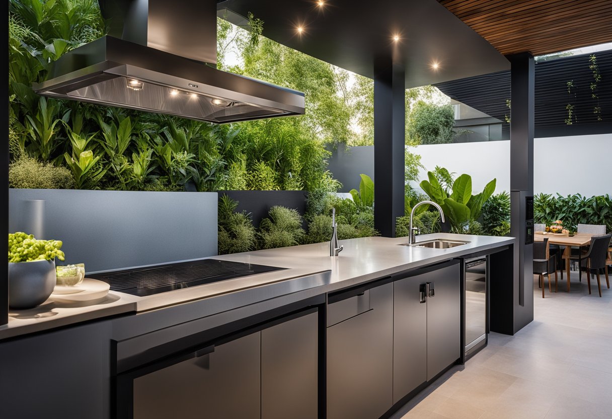 A modern outdoor wet kitchen with sleek countertops, built-in appliances, and a stylish dining area, surrounded by lush greenery and ambient lighting