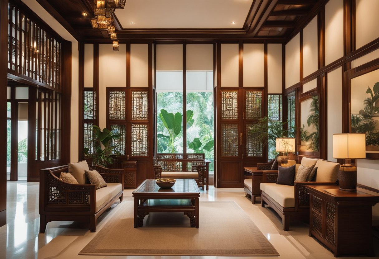 A room in Singapore adorned with huanghuali furniture, showcasing intricate woodwork and elegant craftsmanship