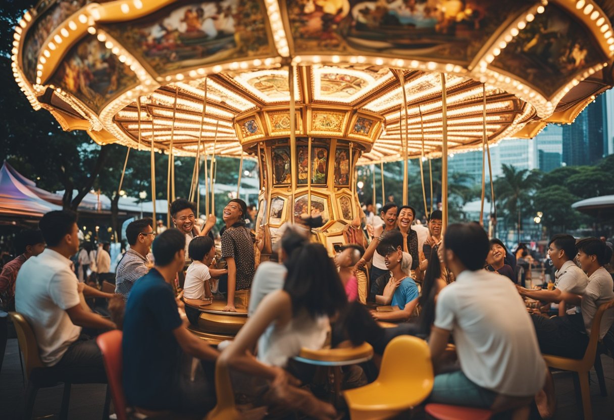 A bustling community gathers around carousel furniture in Singapore. Laughter and conversation fill the air as people lean against the colorful, rotating seats