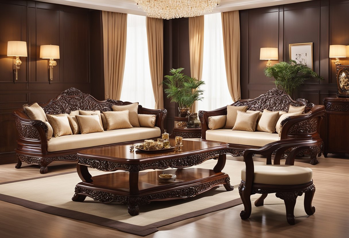 A luxurious huanghuali furniture set gleams under soft lighting, showcasing its intricate wood grain and elegant craftsmanship. Rich, warm tones and smooth, polished surfaces exude timeless beauty and sophistication