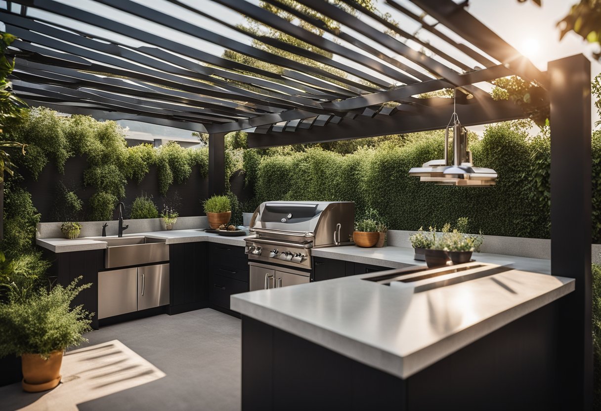 A spacious outdoor wet kitchen with sleek countertops, modern appliances, and a large sink. A pergola provides shade while potted herbs and hanging plants add a touch of greenery