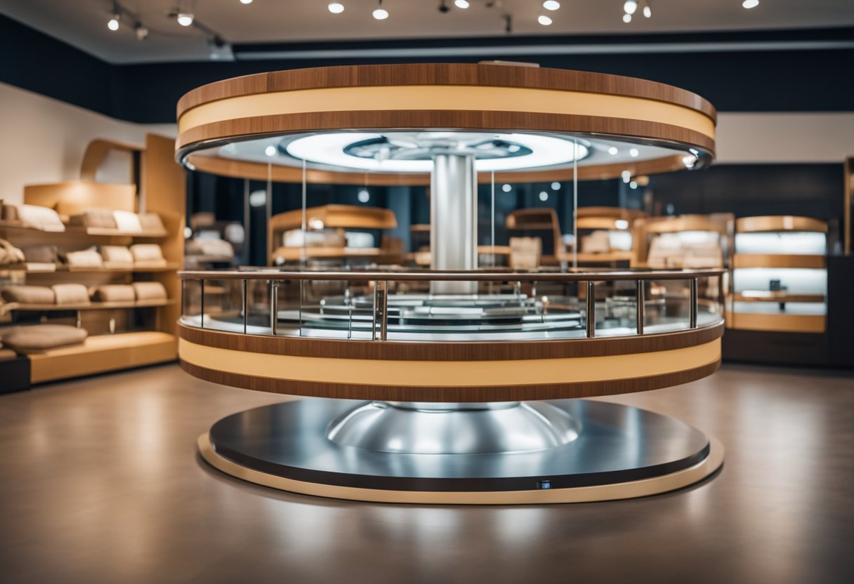 A carousel of furniture pieces rotates in a showroom, with labels and prices visible