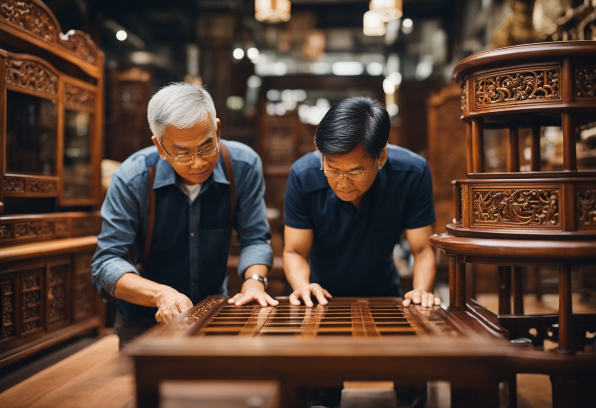 A customer carefully examines a beautifully crafted huanghuali furniture piece in a Singaporean antique shop