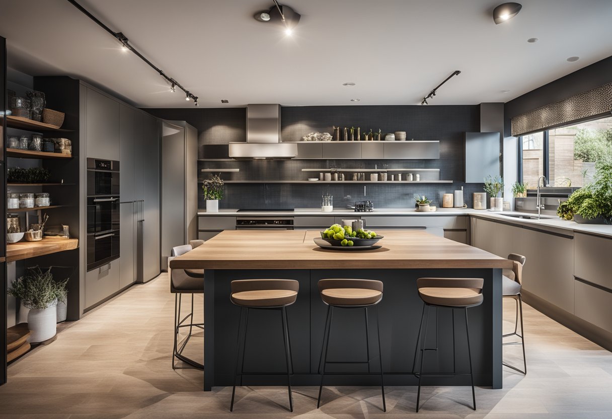 A modern kitchen with a wall covered in frequently asked questions about design