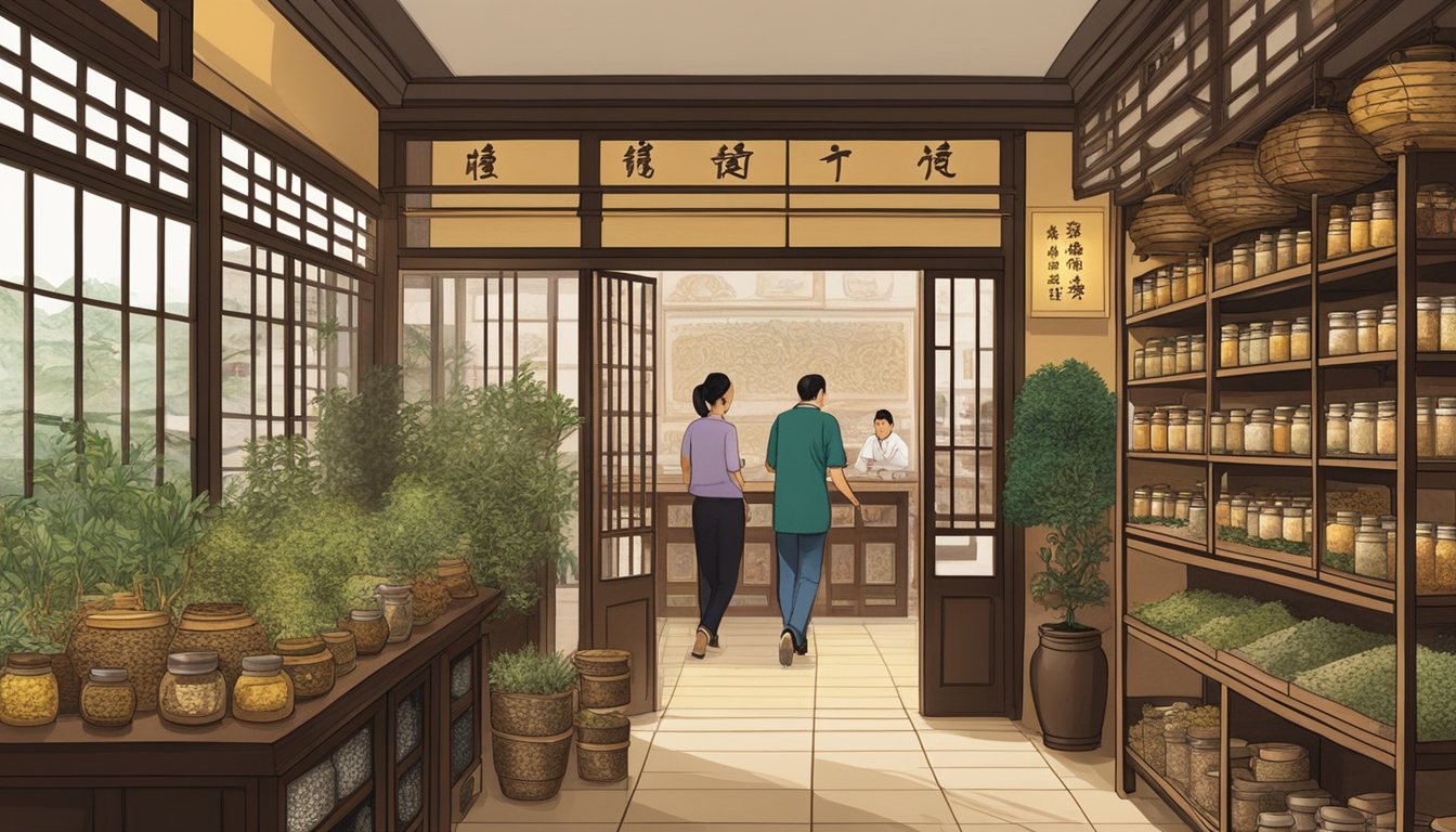 Customers entering Tan Ser Seng Herbs Restaurant, greeted by shelves of dried herbs, jars of spices, and traditional Chinese decor