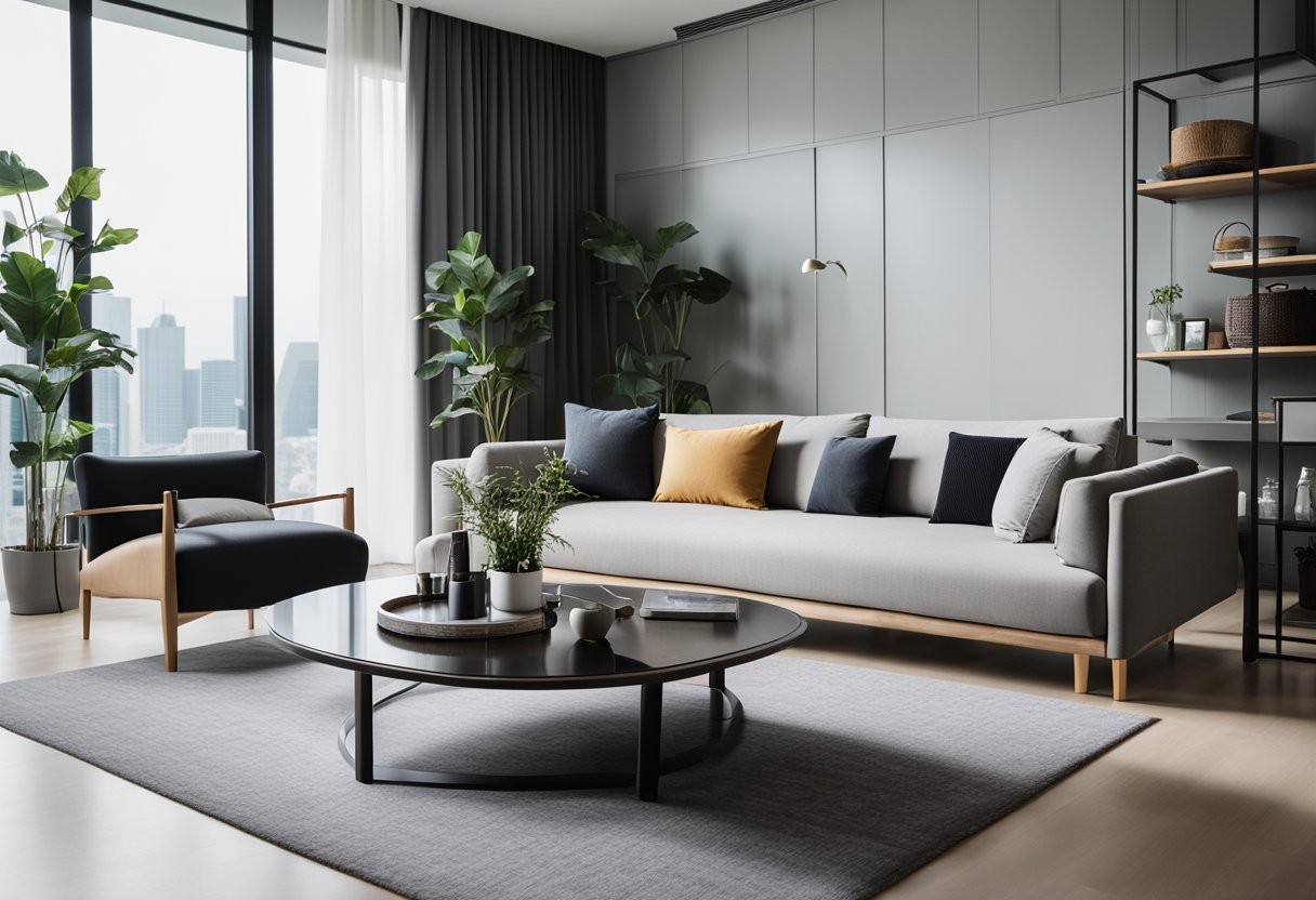 A modern living room with sleek, stylish designer furniture in Singapore. Clean lines, minimalist aesthetic, and affordable prices