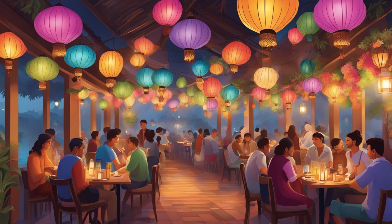 A bustling gypsy restaurant in Singapore with colorful lanterns, exotic spices, and vibrant textiles adorning the walls and tables