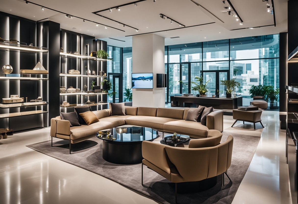 A modern showroom in Singapore, filled with sleek designer furniture. Bright lighting highlights the clean lines and luxurious materials of the pieces on display