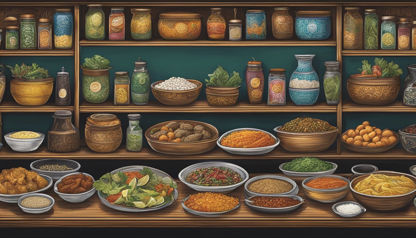 A colorful array of exotic dishes and spices fills the shelves of the bustling Gypsy restaurant in Singapore. The menu is displayed on a vibrant chalkboard, showcasing the diverse culinary offerings