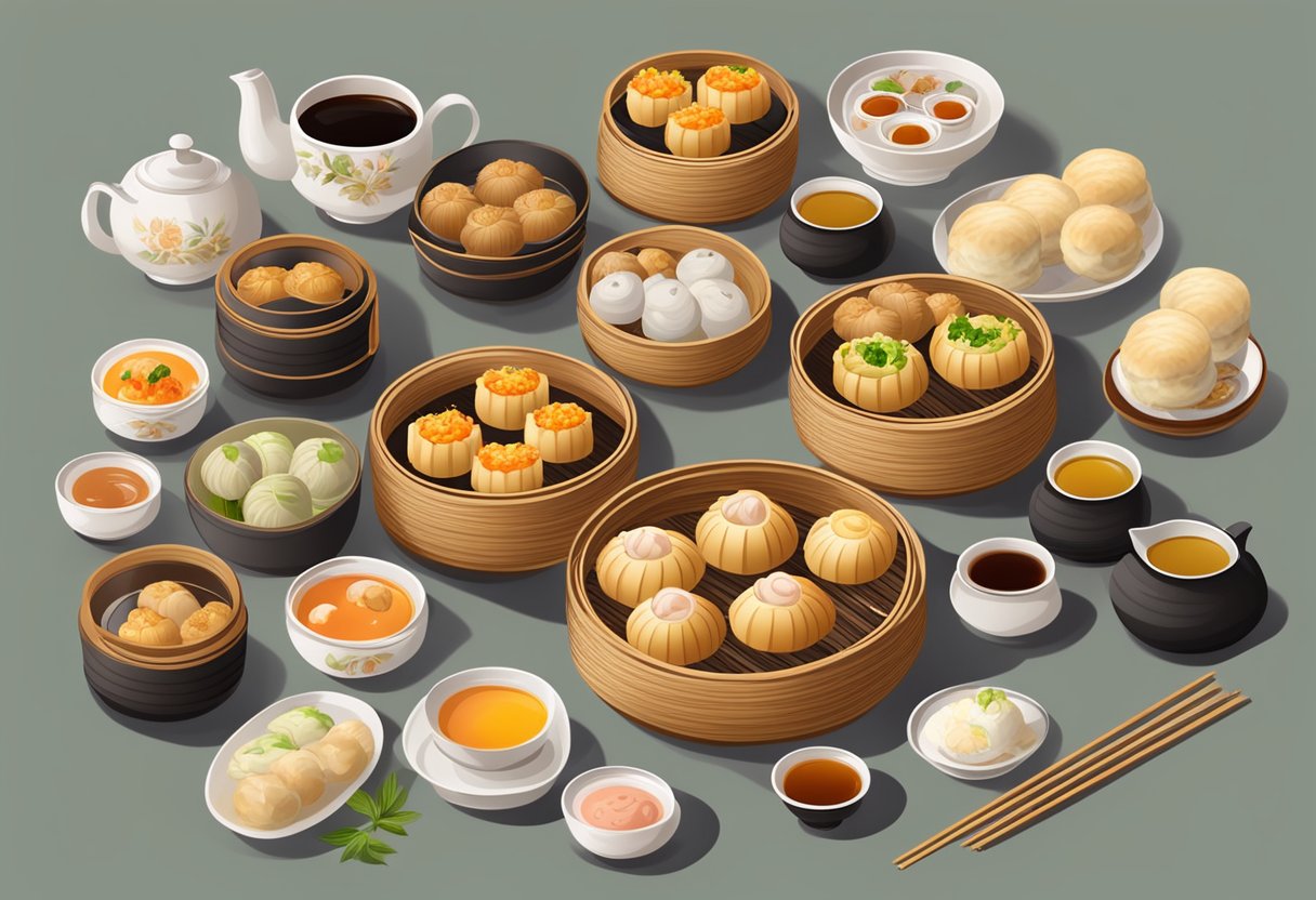 A steaming bamboo basket filled with assorted dim sum and buns, surrounded by small dishes of dipping sauces and a pot of fragrant tea
