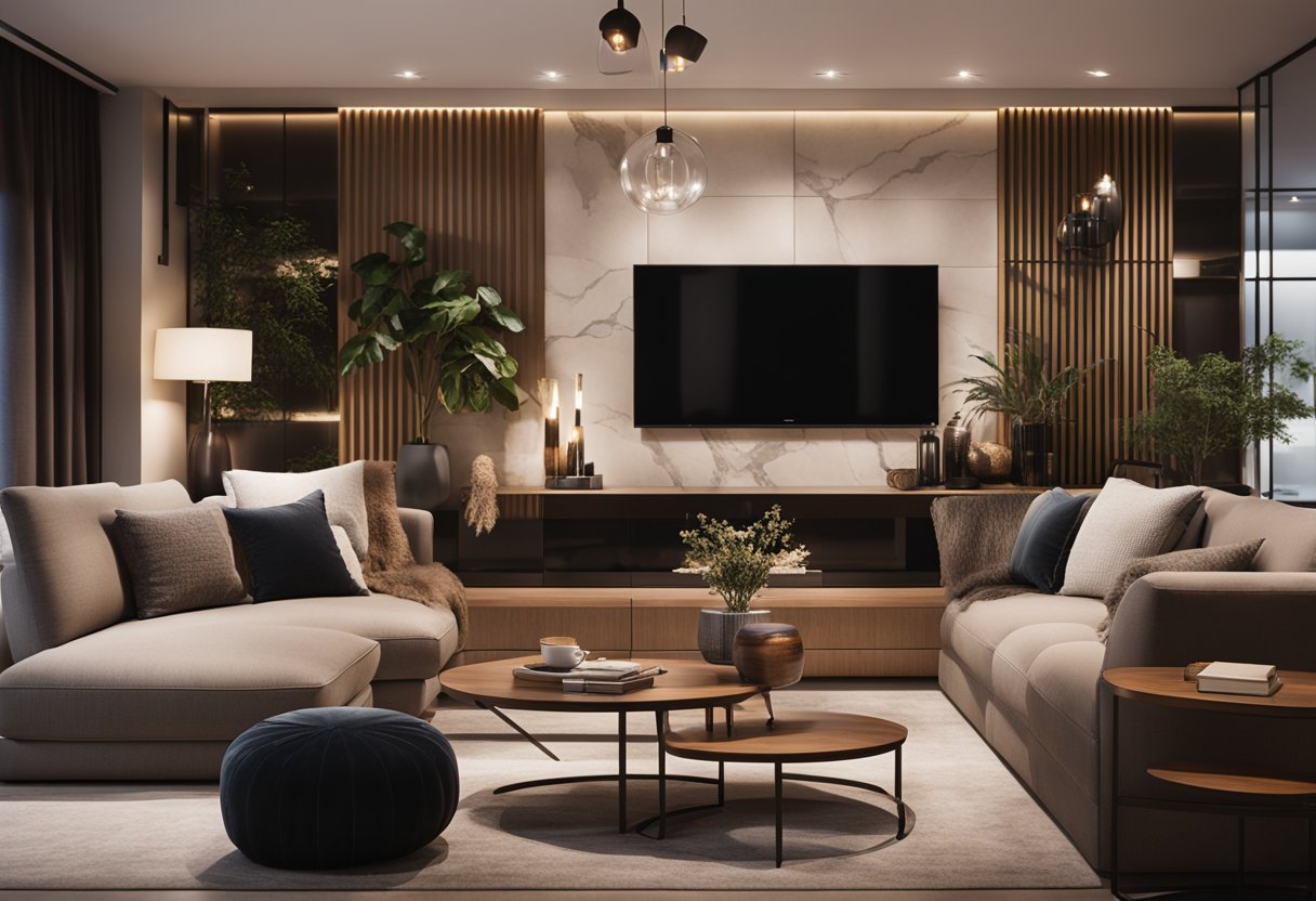 A cozy living room with elegant, yet affordable designer furniture. Rich textures and warm lighting create a welcoming atmosphere