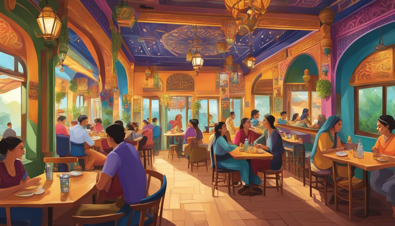 The bustling interior of a gypsy-themed restaurant in Singapore, with vibrant colors, ornate decor, and a lively atmosphere