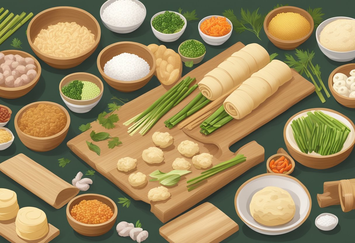 A table filled with bamboo steamers, rolling pins, and bowls of dough, surrounded by ingredients like pork, shrimp, and vegetables
