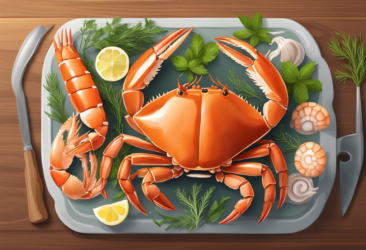 A boiling pot of water with crab legs, shrimp, and lobster tails, surrounded by fresh herbs and spices on a wooden cutting board