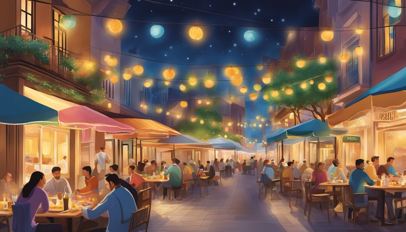 Colorful street lined with bustling restaurants, each emitting delicious aromas. Diners enjoy al fresco dining under twinkling lights, while chefs skillfully prepare diverse cuisines