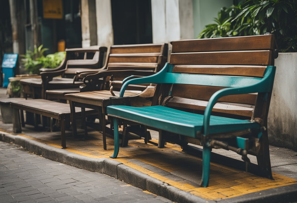 Old, worn-out furniture piled on the sidewalk in Singapore, ready for disposal