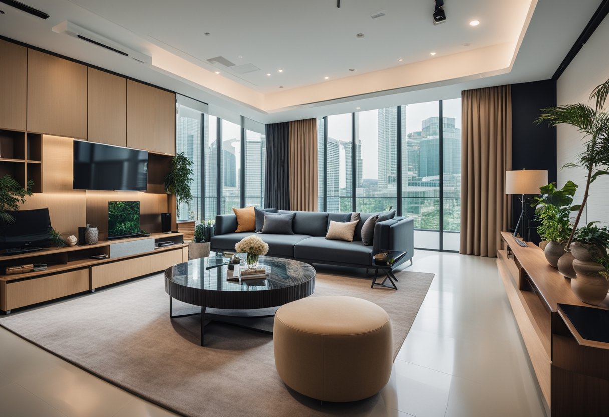 A modern living room with stylish and affordable designer furniture showcased in a showroom setting in Singapore