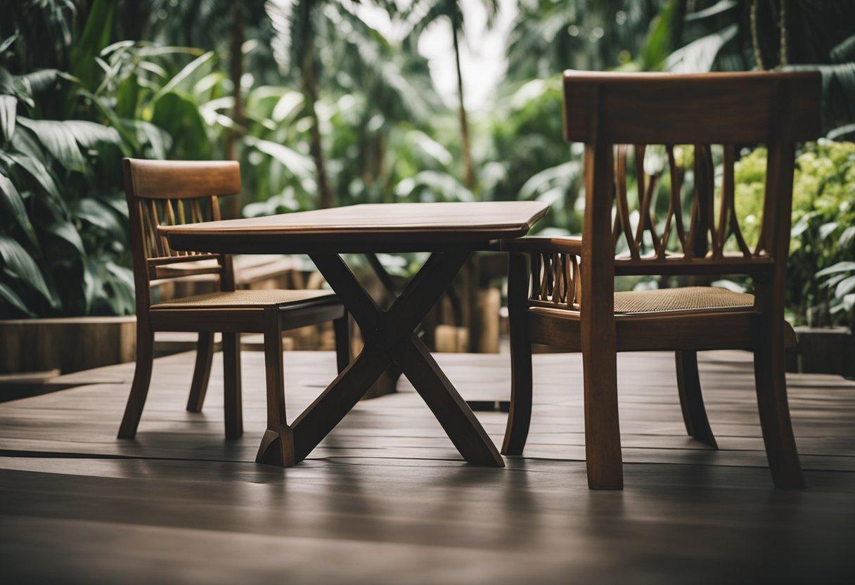 A wooden chair and table from Bali being transported to Singapore