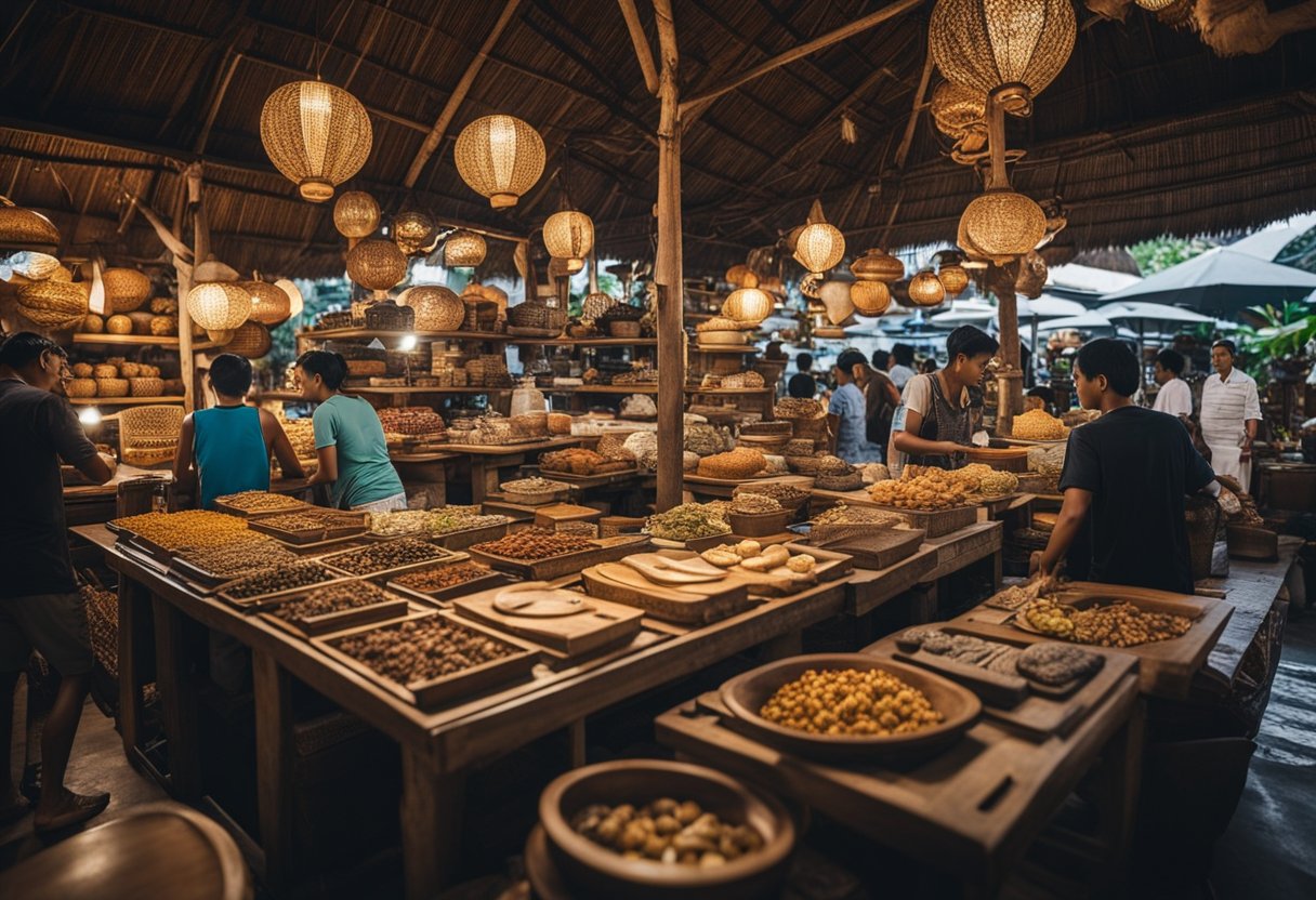 A bustling market in Bali showcases a variety of furniture, from intricately carved wood pieces to sleek modern designs. Customers browse through the colorful displays, while vendors eagerly promote their unique imports