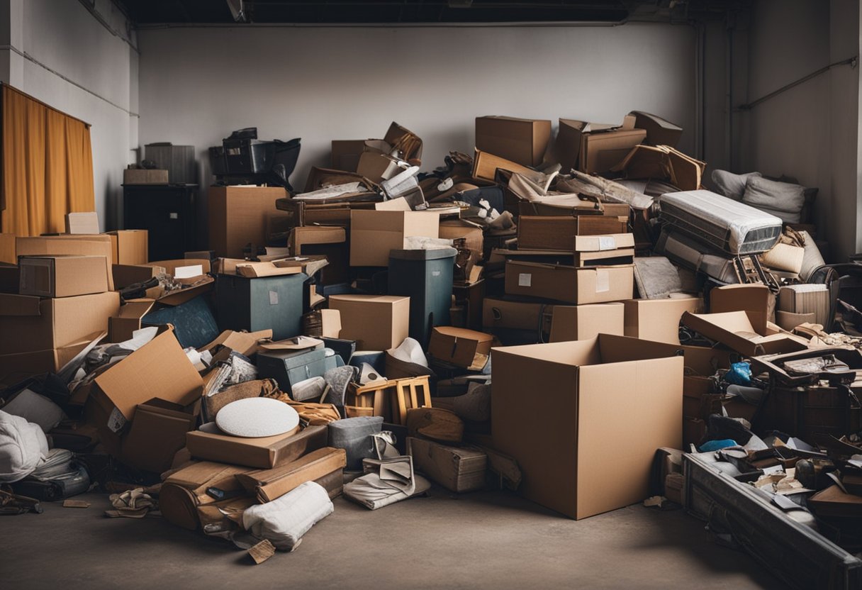 A pile of old, worn-out furniture sits in a cluttered room. A person carries a box of items to be disposed of. Signs and posters advertise cheap furniture disposal services
