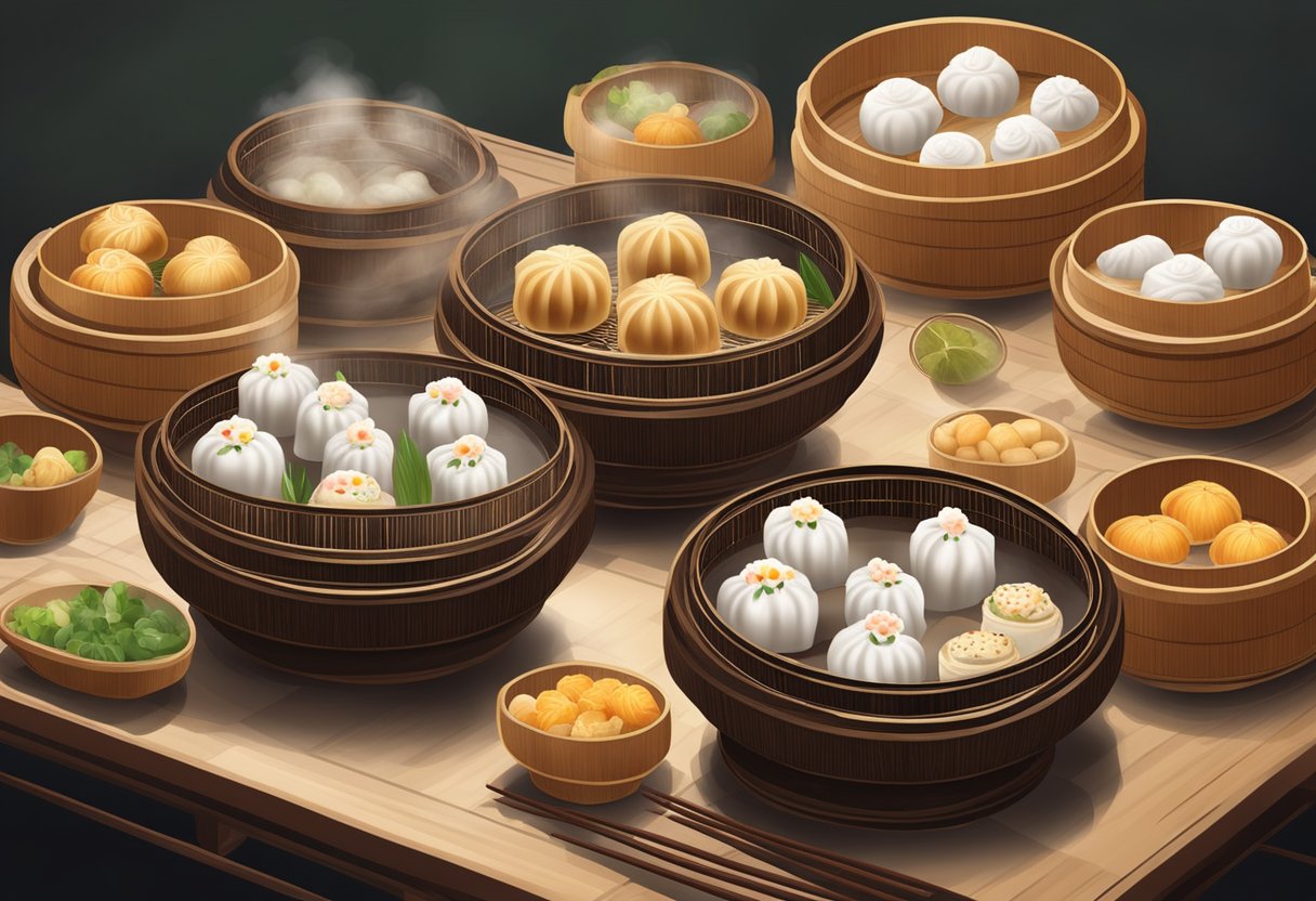 Steam rises from bamboo baskets filled with assorted dim sum and buns, ready to be served on a traditional Chinese dining table