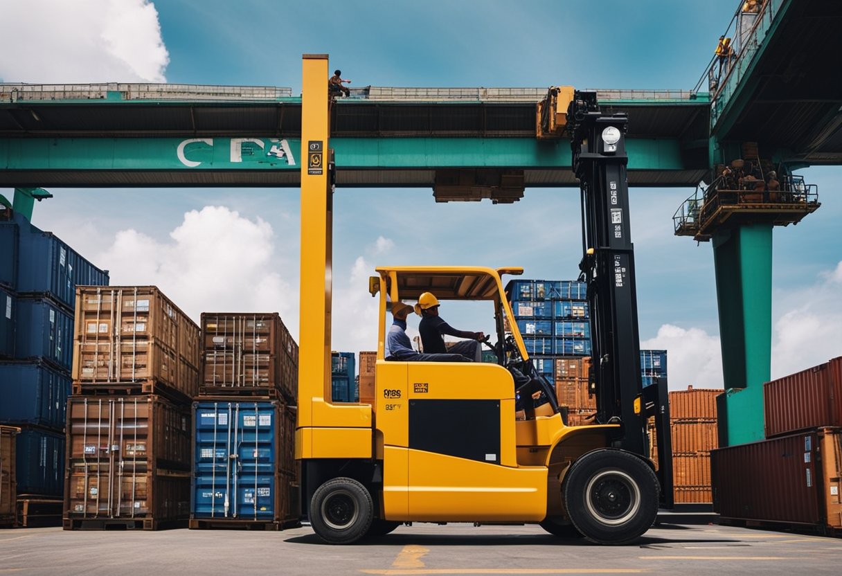 A cargo ship unloading crates of imported furniture from Bali at a bustling port in Singapore. Forklifts and workers moving the crates to a warehouse