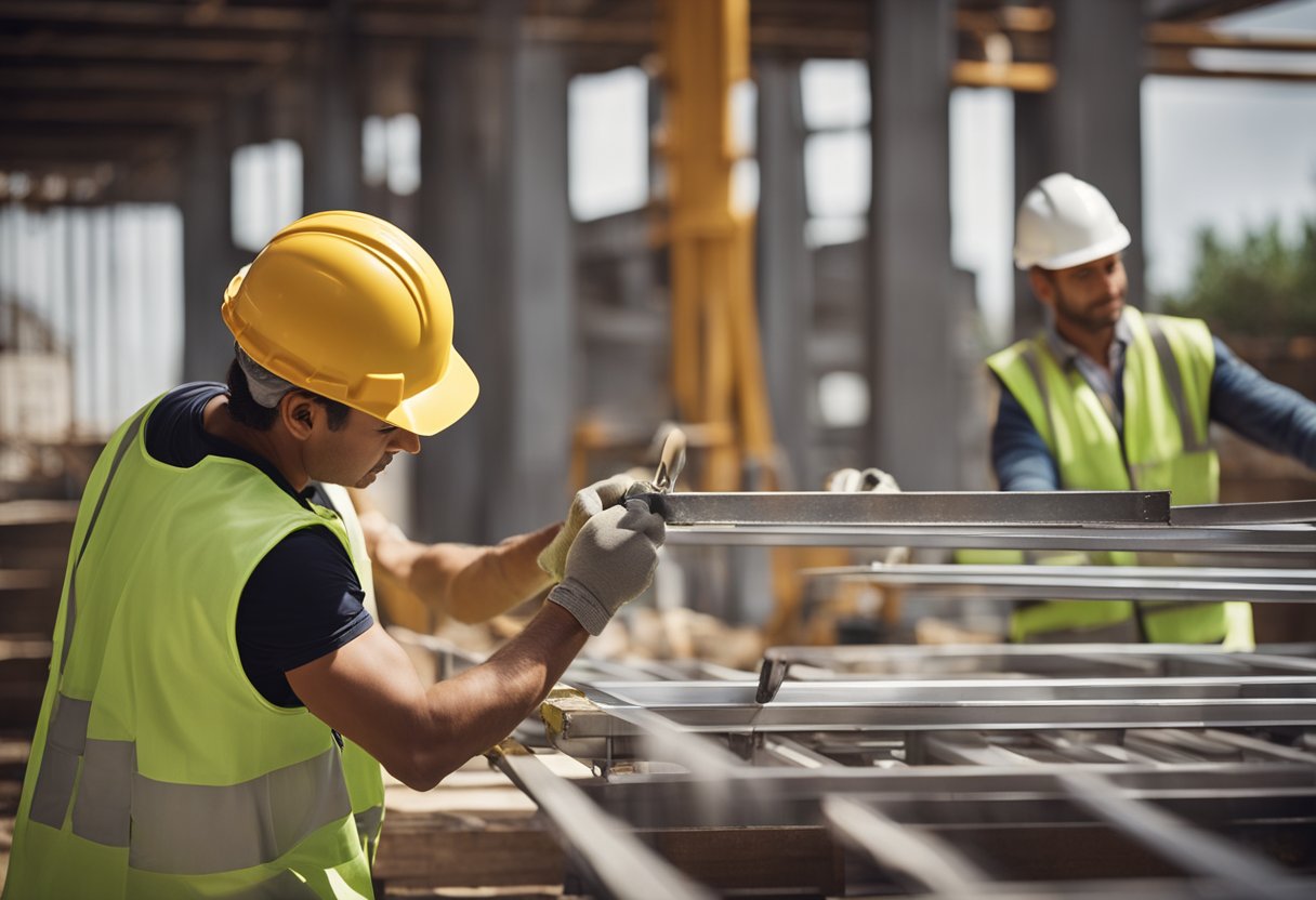 A construction site with aluminum materials and tools, workers renovating a building