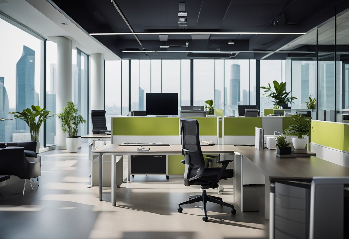The sleek, modern office furniture gleams under the bright Singapore sunlight, creating a professional and inviting atmosphere