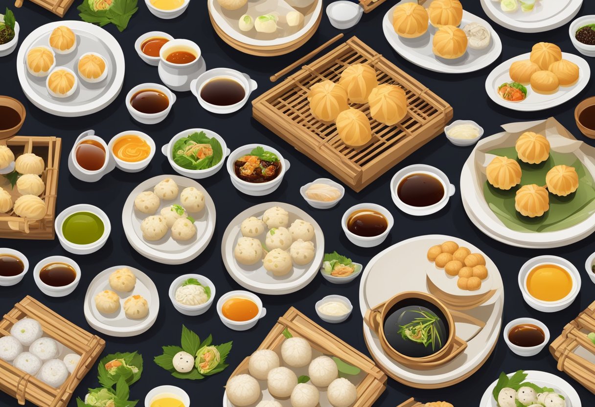 A table set with various bamboo steamers filled with steaming dim sum and buns, accompanied by small dishes of dipping sauces and tea