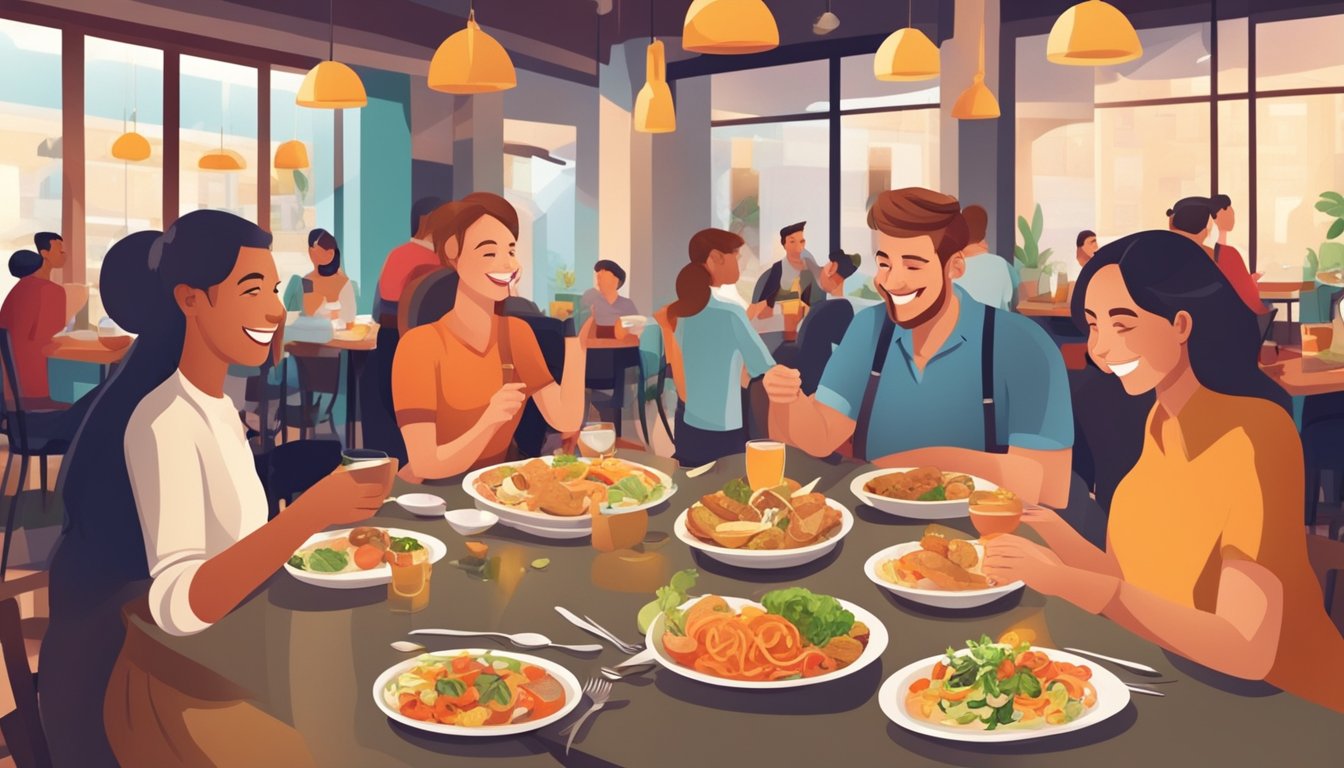 Customers enjoying a variety of delicious dishes at a lively and vibrant restaurant, savoring the flavors of victory with smiles and satisfaction