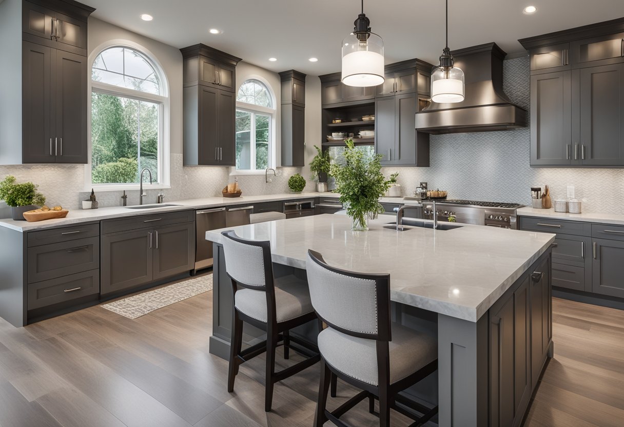 A spacious kitchen with ample natural light, modern appliances, and sleek countertops. A large island with seating and a stylish backsplash add functionality and visual appeal