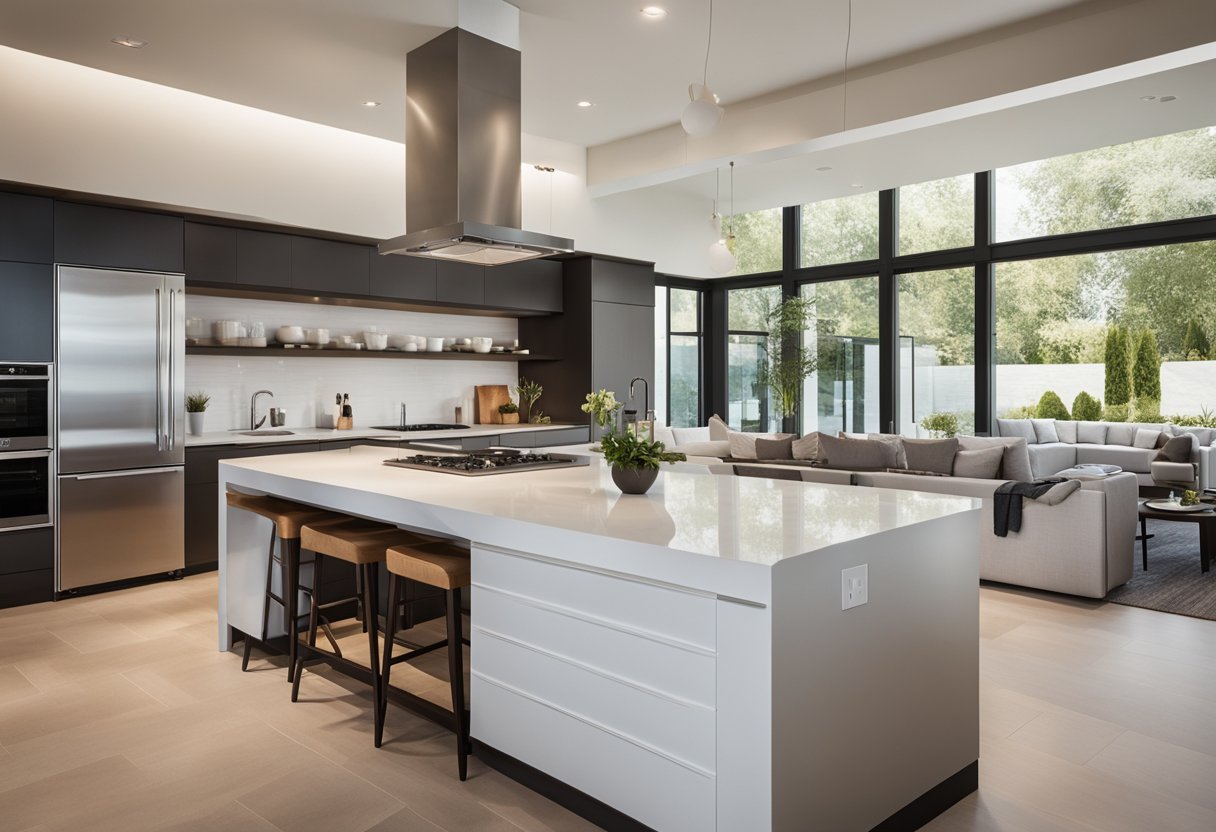 A spacious, modern kitchen with sleek countertops, ample storage, and a large island for both food prep and casual dining. Bright natural light floods the room, highlighting the clean lines and contemporary fixtures