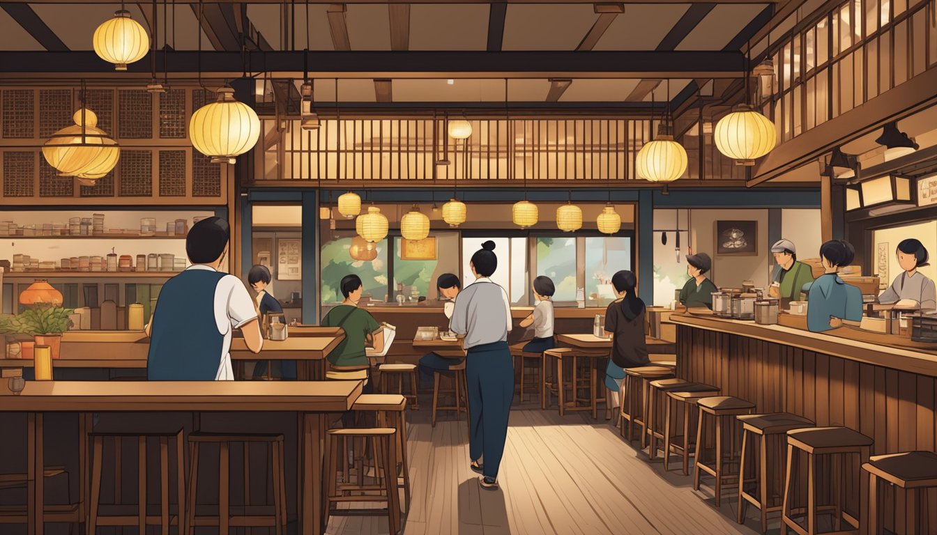 A bustling izakaya restaurant with traditional lanterns, wooden bar, and cozy seating. Customers enjoy small plates and drinks while the chef prepares dishes behind the counter