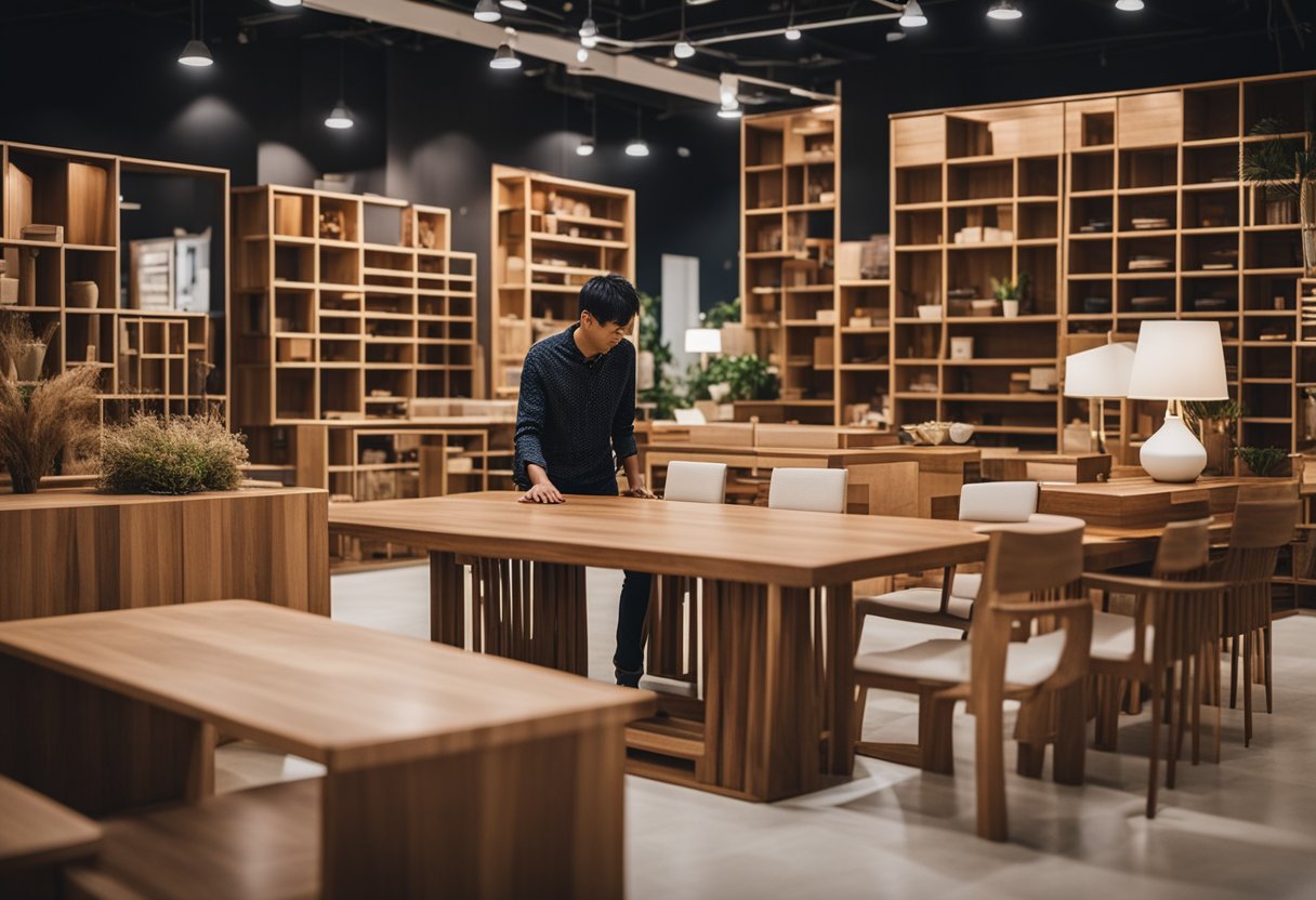 A customer browsing through a variety of affordable solid wood furniture in a Singaporean showroom