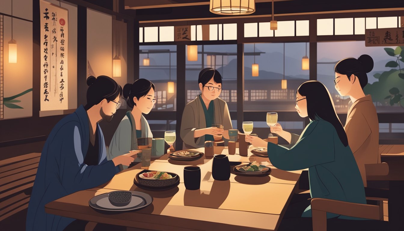 Customers chatting, clinking glasses, and sharing small plates in a cozy izakaya restaurant with dim lighting and traditional Japanese decor