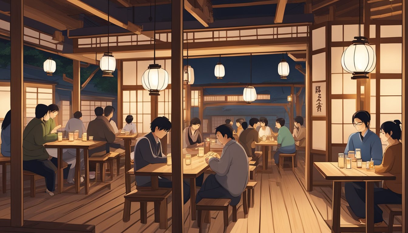 Customers sit at wooden tables in a cozy izakaya, chatting and enjoying Japanese small plates and drinks. Lanterns and paper screens create a warm ambiance