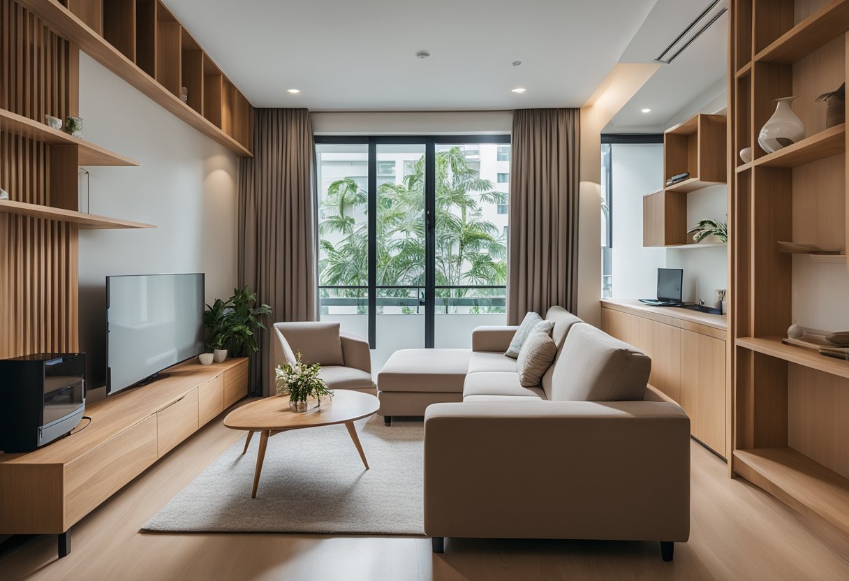 A room with a modern, minimalist design featuring solid wood furniture in a small apartment in Singapore. The furniture is strategically placed to maximize space and create a cozy, functional living area