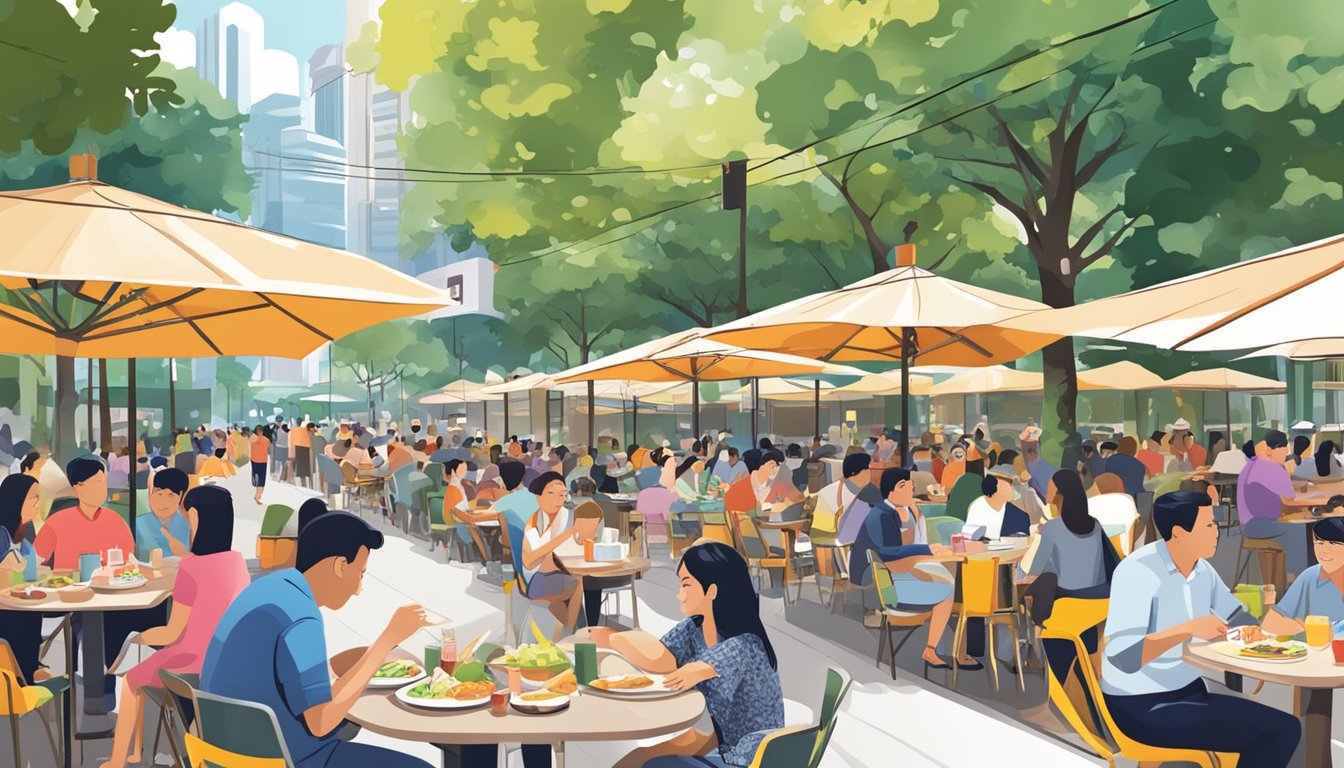 People enjoying affordable meals at outdoor cafes along Orchard Road. Brightly colored signs and bustling crowds create a lively atmosphere