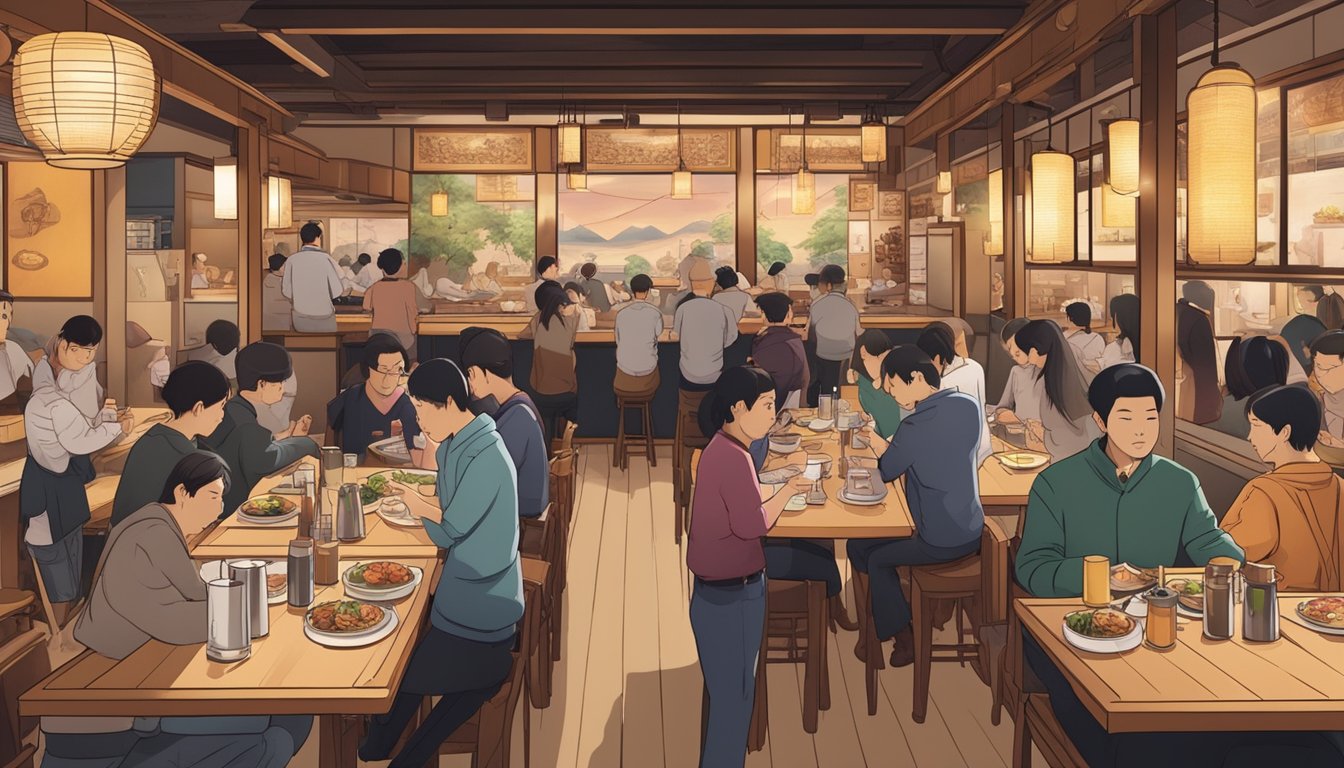 A bustling izakaya restaurant with patrons enjoying small plates and drinks, while servers move swiftly between tables to attend to customers' needs