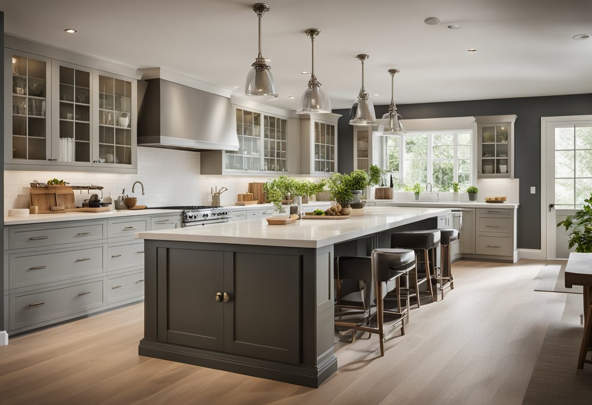 A rectangular kitchen island sits at the center of a spacious kitchen, with functional elements such as a sink, stove, and ample counter space