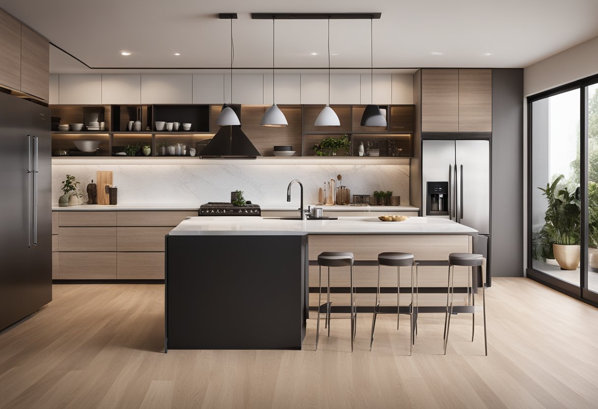 The kitchen is well-lit with modern appliances and ample storage. A sleek island provides a central focus, while the open layout allows for easy movement and socializing