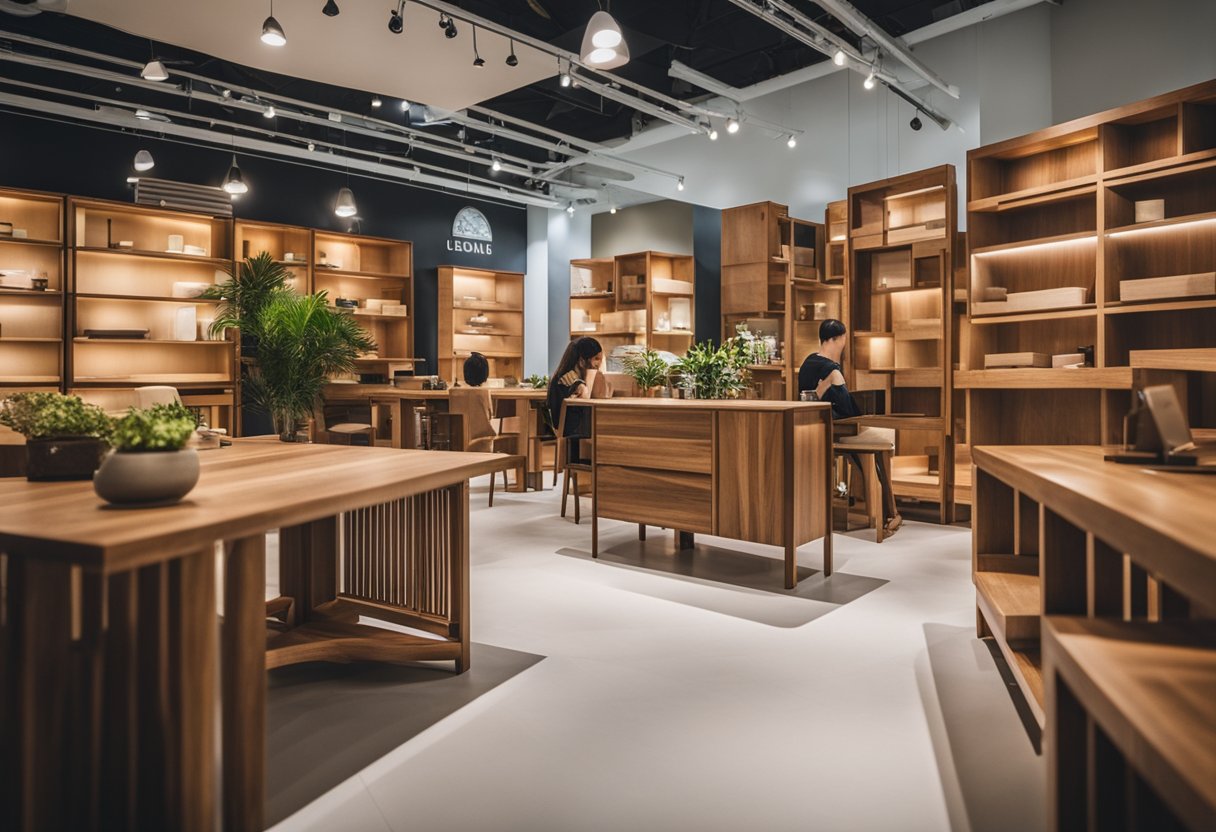 Customers browsing through a variety of affordable solid wood furniture in a Singapore showroom