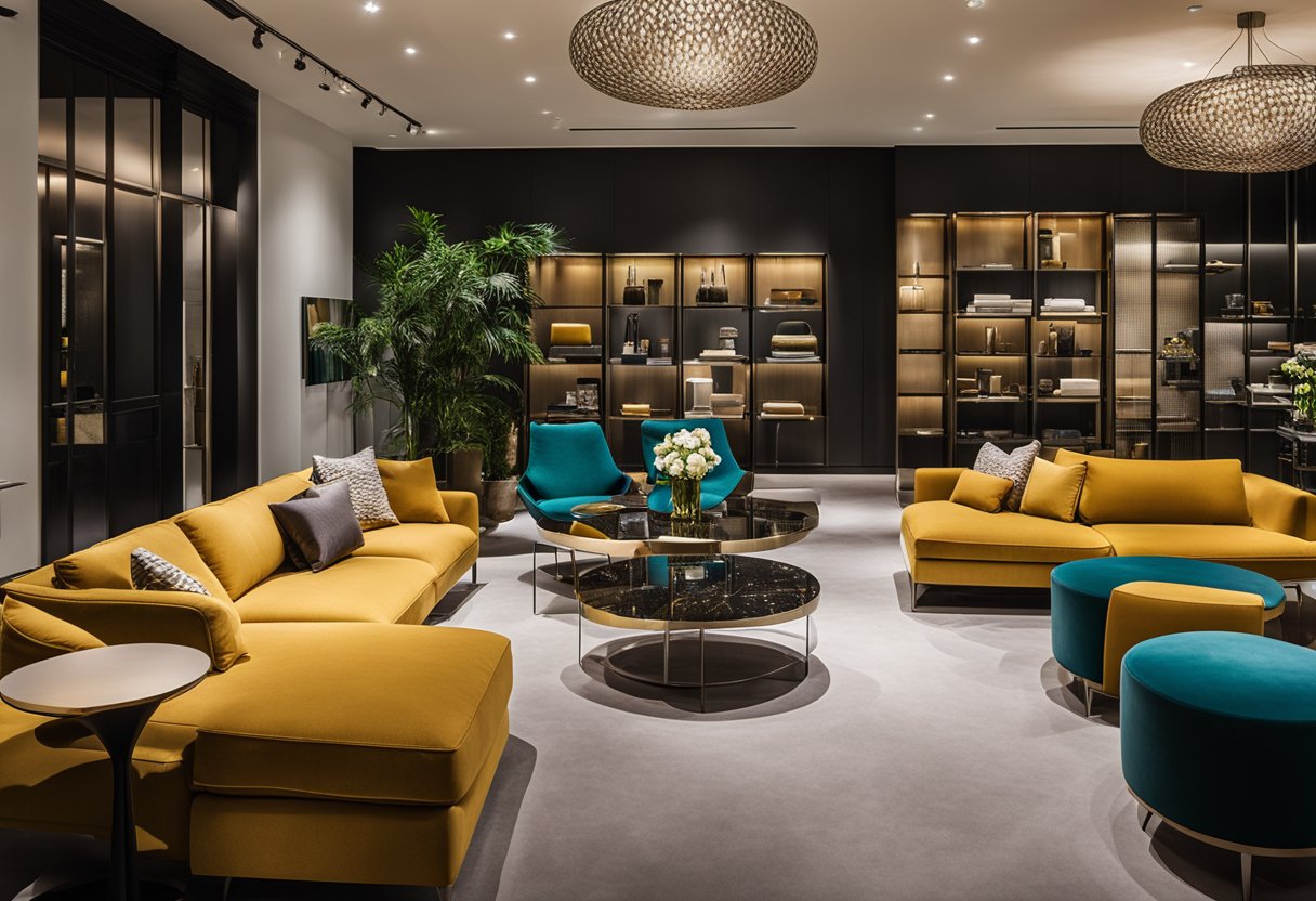A modern furniture showroom in Singapore, featuring sleek designs and vibrant colors. Showcases include sofas, tables, and chairs