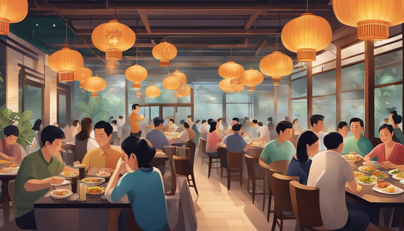 A bustling Cantonese restaurant in Singapore with colorful decor, steaming dishes, and diners enjoying dim sum and seafood